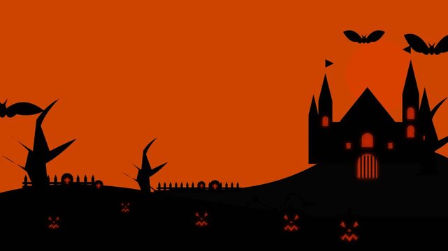 Halloween haunted castle silhouette with flying bats and glowing pumpkins