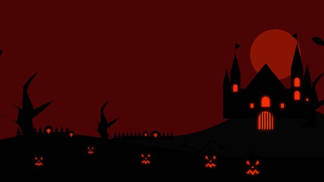 Halloween haunted castle with glowing pumpkins and red moon landscape