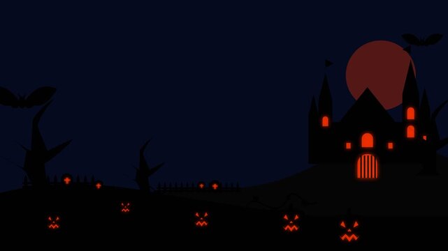Halloween haunted castle with glowing jack o lanterns and full moon