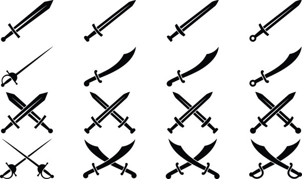 Medieval Sword and Crossed Saber Silhouette Collection with Historical Weapon Vector Set