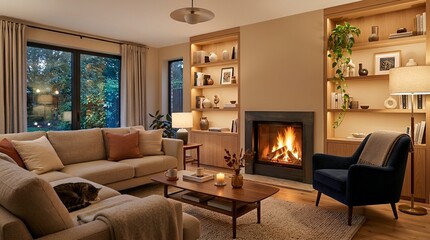 Fototapeta premium Cozy living room with fireplace and large windows