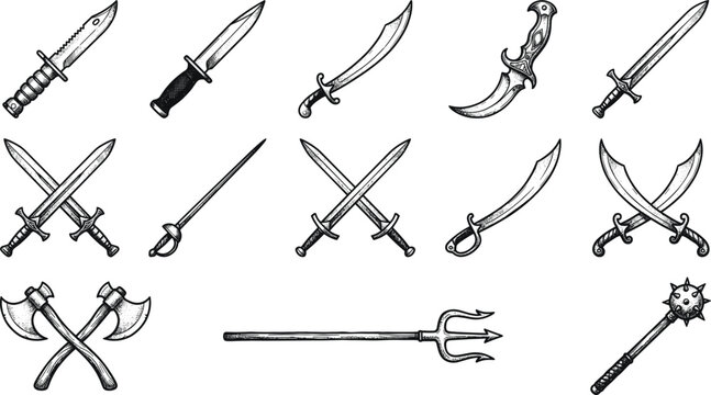 Medieval Fantasy Weapon Vector Collection with Swords Axes Trident and Mace Line Art