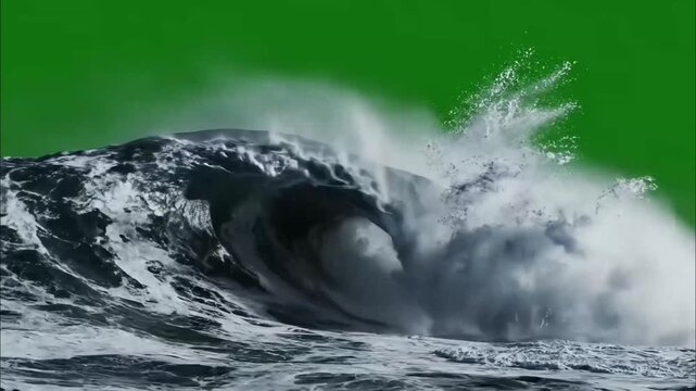 Cinematic ocean wave crashing on green screen, powerful sea water splash with white foam, realistic water physics for vfx compositing