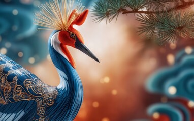 Obraz premium Ornate Crane Symbolizing Zodiac Longevity in Vibrant Decorative Setting