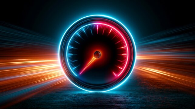 Futuristic neon tachometer shows maximum performance and rapid acceleration in a modern technology setting Generative AI