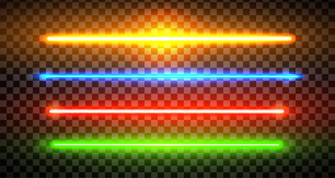 Rainbow colored lazer straight lines pack isolated. Neon glowing laser beam effect. Fluorescent LED electric luminous line. Led light halogen dynamic diode. Vector illustration
