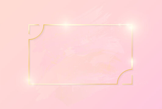 Gold shiny glowing art rectangle frame with rose pastel brush strokes isolated on pink background. Golden luxury line border for invitation, card, sale, fashion, wedding, photo etc. Christmas and New 