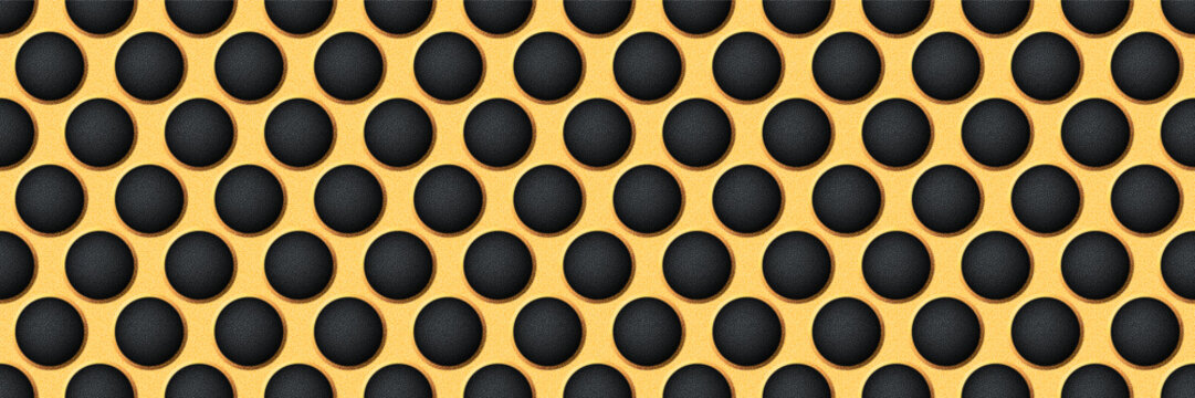 Gold seamless perforated metal sheet realistic texture. Metal chrome grill plate with round holes. Modern design carbon radiator bg. Macro speaker radiator. Vector illustration