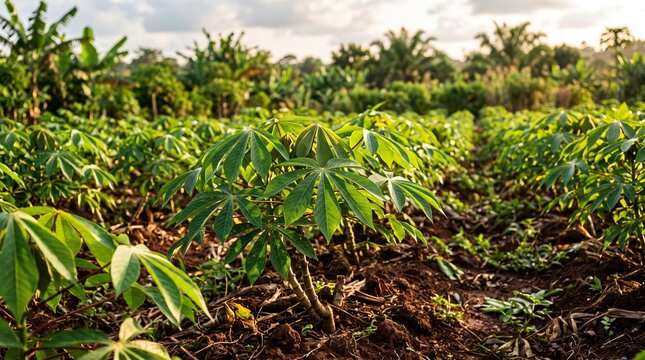 Cassava plants growing in rows on a farm with lush green foliage and a bright sky