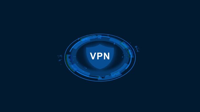 Vpn secure connection digital hud interface animation with glowing shield for cybersecurity and online privacy protection