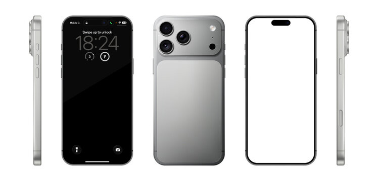 Detailed silver mobile phone mockup. Front, rear and side view isolated on transparent background. Vector PNG