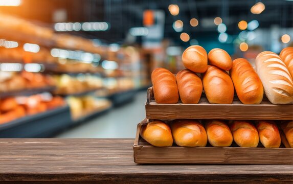Fresh assorted bread loaf stacked on wooden tray inside grocery store aisle