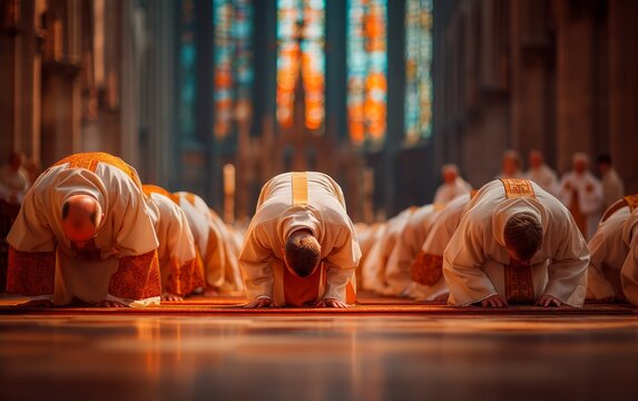 Religious Ordination Ceremony with Priests Praying in Grand Cathedral