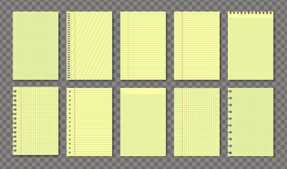 Yellow legal A4 note paper pad sheet collection 10 in 1. Paper notebook legal memo set lined and checkered paper blank layout template. Grid lines chechered texture. Vector illustration © boxerx