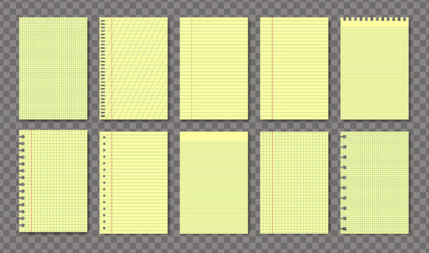 Yellow legal A4 note paper pad sheet collection 10 in 1. Paper notebook legal memo set lined and checkered paper blank layout template. Grid lines chechered texture. Vector illustration