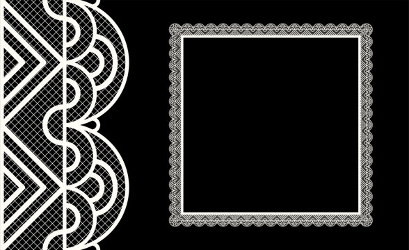 Seamless realistic textured lace border square frame isolated on black. Vintage crochet embroidery frame set. Classic ornament border trim ribbon line. Vector illustration