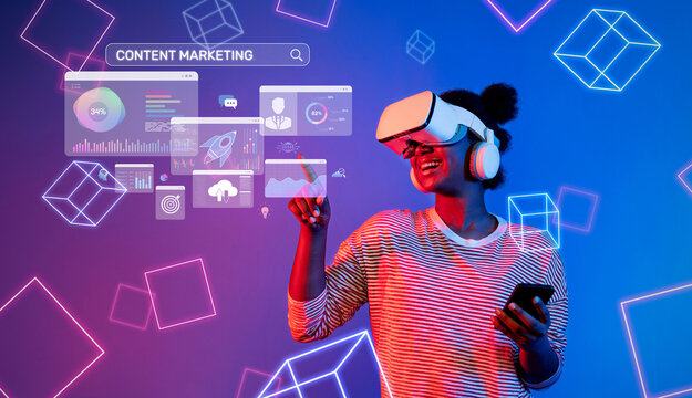 A woman in a striped shirt engages with a virtual reality headset, exploring data analytics and content marketing visuals in a vibrant digital space. XDMCP