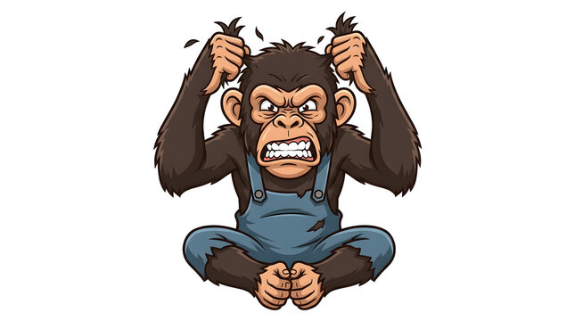 Furious cartoon monkey in overalls pulling its hair out in anger isolated on white background