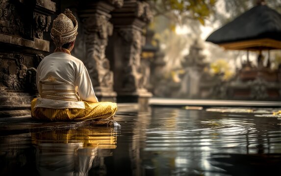 Balinese Priest Performing Water Purification Ritual by Serene Temple Pool