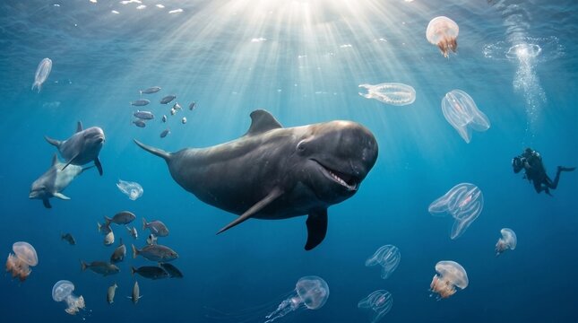 Diverse Marine Life with Dolphins and Jellyfish in Sunlit Ocean