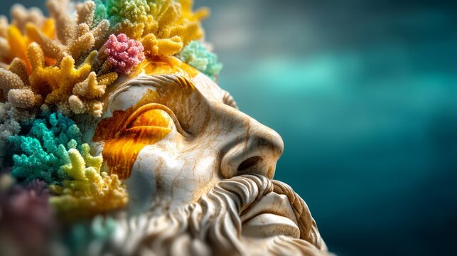 Ancient stone face sculpture with colorful coral growth under the ocean