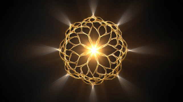 A luminous golden mandala radiating light, symbolizing spiritual energy and inner peace. The intricate geometric pattern glows with a warm, inviting aura against a dark, mysterious background