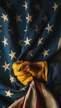 Worn yellow work glove holding the American flag. Symbolic of blue collar workers, USA manufacturing, pride in products Made in United States of America, or to celebrate Father's day or US Labor Day.