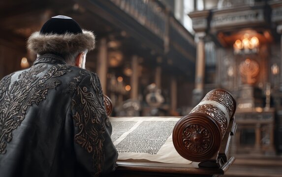 Rabbi Reading Torah Scroll in Historic Synagogue Setting with Ornaments