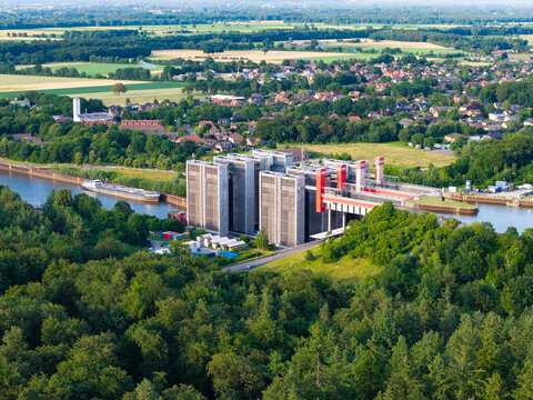 Canal waterway with ship lift. Engineering transport infrastructure, lift technology, industrial construction and vessel transit. Waterway transit. Canal transport