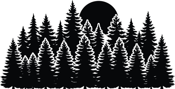 Black Pine Forest Silhouette with Moon on White Background