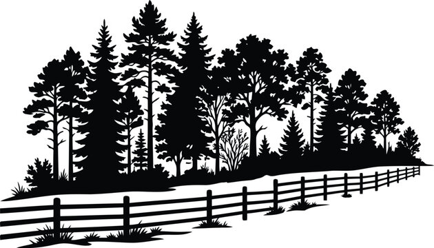 Black Pine Forest Silhouette with Wooden Fence, Rural Landscape Isolated on White Background