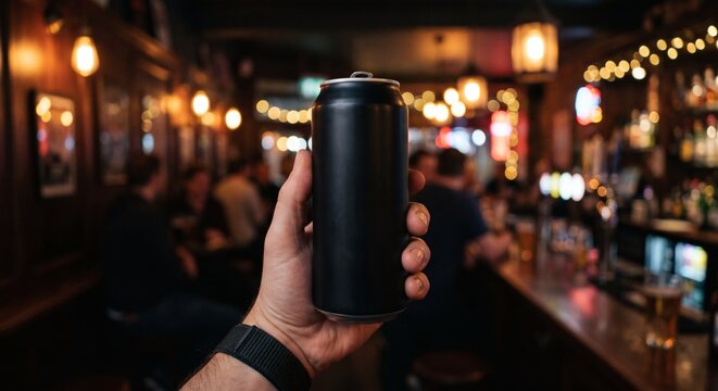 Blank matte black aluminum beverage can mockup held by hand POV in atmospheric pub