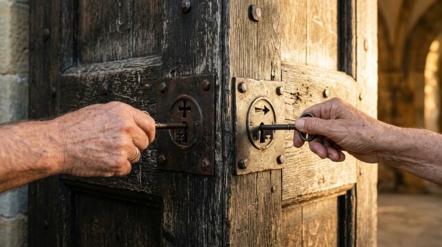 Two elderly hands inserting metal keys into antique wooden door locks