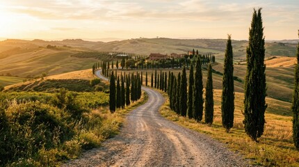 Obraz premium Winding dirt road through cypress trees in Tuscany landscape at sunset