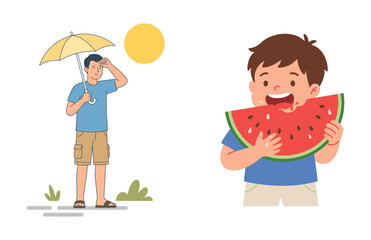 A man shielding himself from the bright sun with an umbrella while a joyful child enjoys a fresh slice of sweet red watermelon