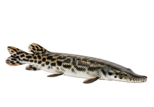 Detailed freshwater alligator gar fish swimming in dark water with black background isolated on transparent background