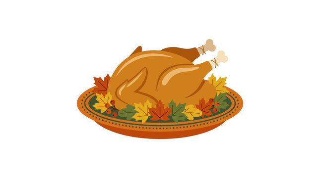 Flat vector illustration of roasted turkey with autumn leaves