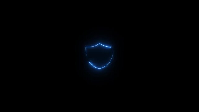 Neon blue shield animation glowing cyber security symbol on black background, protection