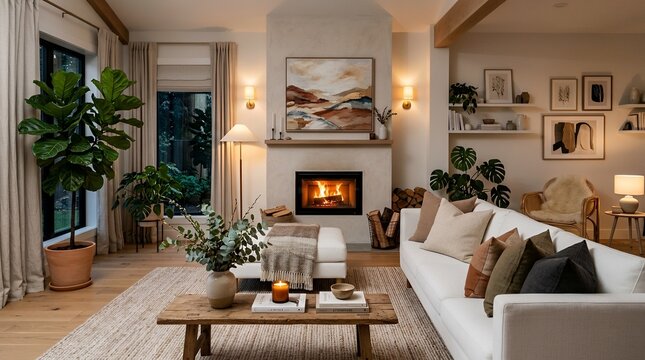 Cozy modern living room with fireplace
