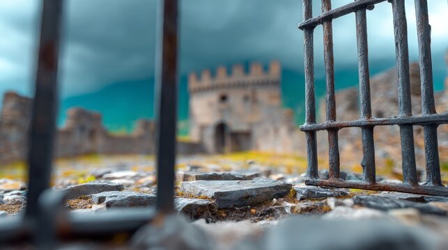 Close-up view of old rusty iron gate with blurred ancient fortress background