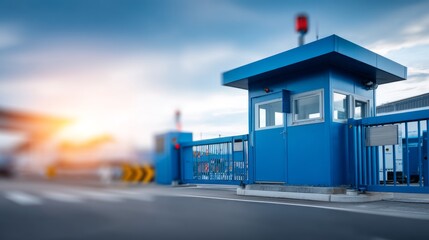 Obraz premium Blue security booth with barrier gate at modern vehicle entrance during sunset