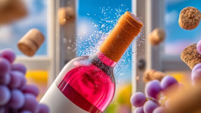 Close-up of red wine bottle with exploding cork and flying corks
