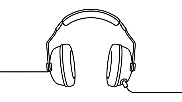 Minimalist headphones line art on white background.