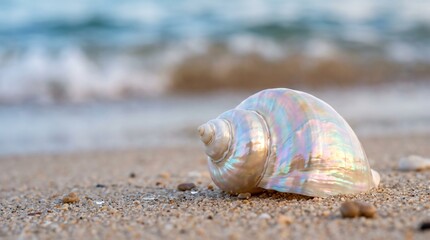 Obraz premium Beautiful iridescent pearlescent conch shell on the sandy beach with ocean wave background