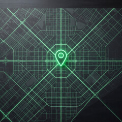Fototapeta premium A clean top-down flat lay view of a dark grey abstract city street map grid. A sharp, glowing neon green location pin icon and coordinate crosshairs locked onto a central intersection, GPS urban navig