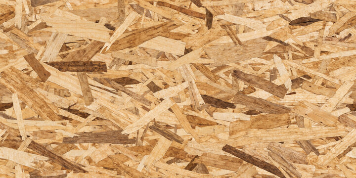A seamless macro texture of oriented strand board panel showing detailed compressed wooden chips for construction background designs.