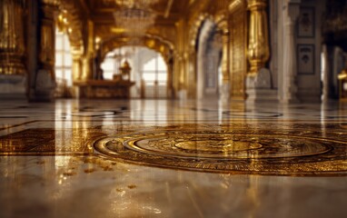 Obraz premium Golden Hall Interior with Detailed Design and Vivid Reflection in Light