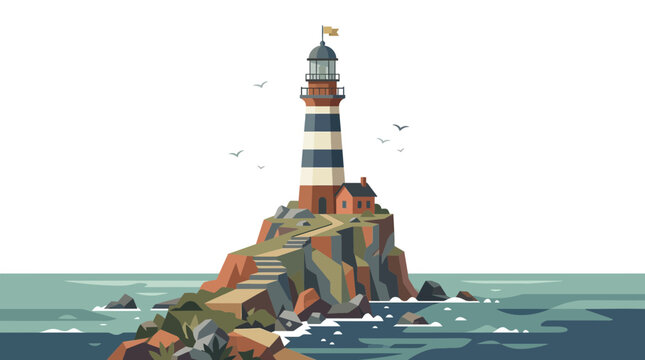 Minimalist flat vector illustration of striped lighthouse on rocky cliff