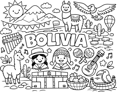 Bolivia, contorno de dibujos animados, ilustraci&oacute;n lineal dibujada a mano, dibujo para colorear para ni&ntilde;os