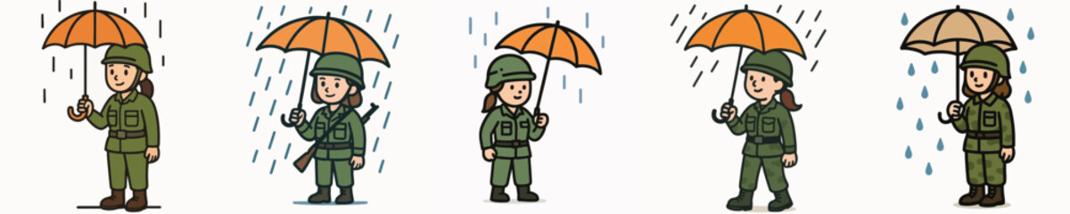 Fototapeta premium Set of vector illustrations of a female soldier using an umbrella in the rain.